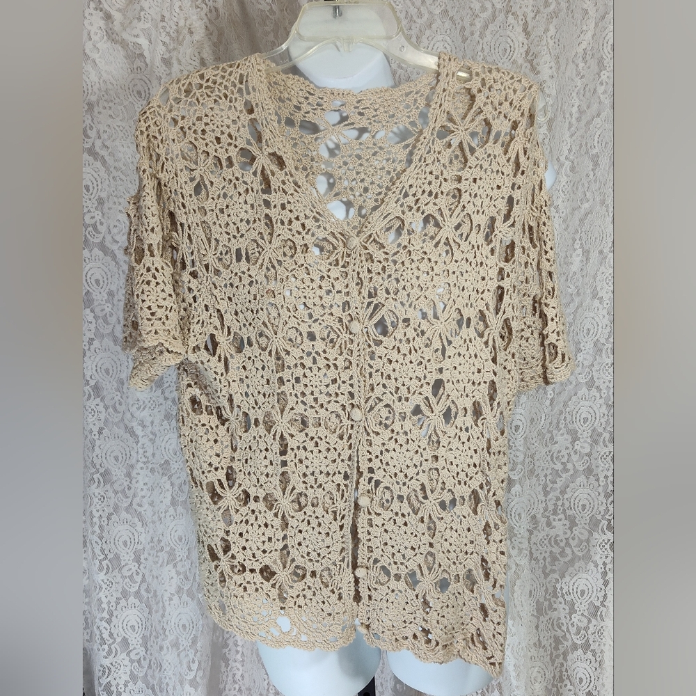 Summer Crochet Lace Cardigan Top in Beige NWOT